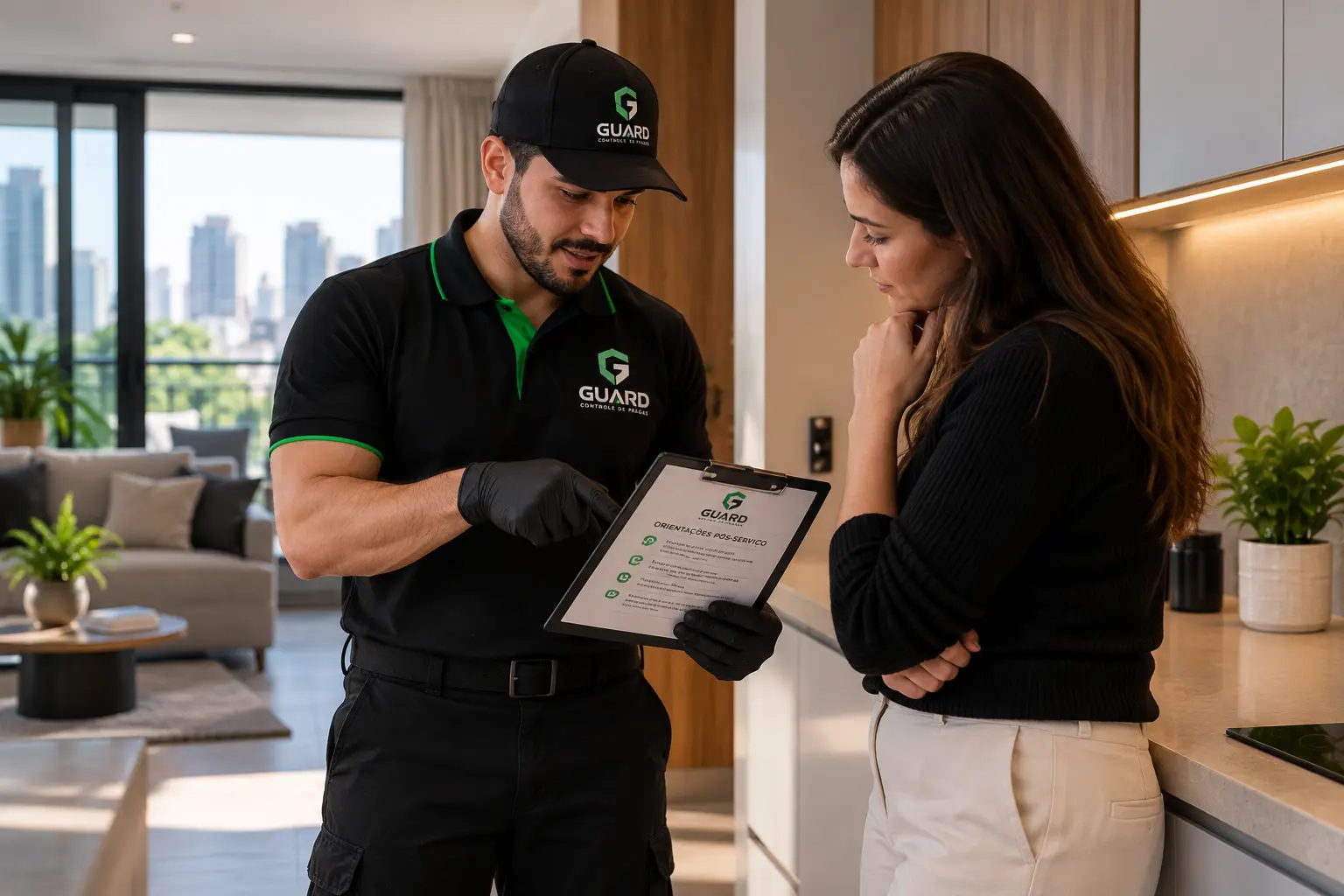 Técnico da Guard orientando uma cliente após o atendimento
