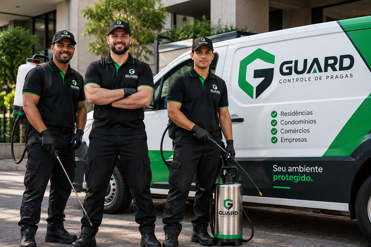 Equipe da Guard ao lado do veículo da empresa