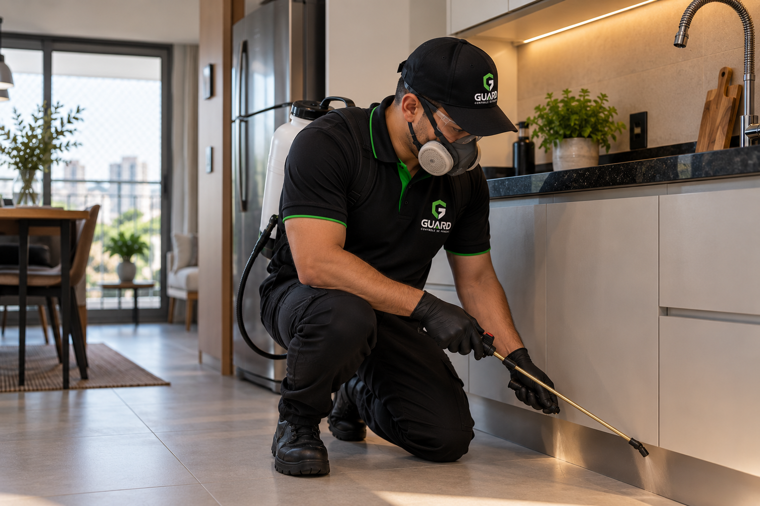 Técnico da Guard realizando controle de pragas em uma cozinha residencial